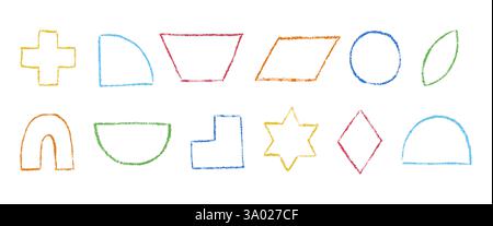 Figures de contour de crayon de couleur. Ensemble de formes géométriques abstraites dessinées à la main au crayon dans le style d'esquisse. Texture grunge pastel. Illustration vectorielle de crayon de cire Illustration de Vecteur