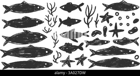 Jeu de doodle de poissons. Sardines dessinées à la main griffonnage École de poissons dans la mer. Illustration nautique monochrome vectorielle par crayon isolé sur fond blanc Illustration de Vecteur