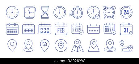Ensemble d'icônes de contour d'heure, de date et d'emplacement pour les applications et les sites Web isolés sur fond blanc. Illustration vectorielle Illustration de Vecteur