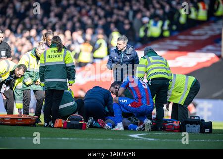 Londres, Royaume-Uni. 01 mars 2025. LONDRES, ANGLETERRE - 1er MARS : Jean-Philippe Mateta est blessé par un coup de pied à la tête par le gardien de Millwall Liam Roberts lors du match du cinquième tour de la Coupe FA des Émirats entre Crystal Palace et Millwall à Selhurst Park le 1er mars 2025 à Londres, Angleterre. Photo de Sebastian Frej crédit : Sebo47/Alamy Live News Banque D'Images