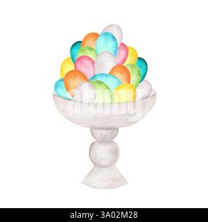 Vase en céramique blanche avec des œufs de Pâques colorés. Clipart de Pâques. Illustration d'aquarelle dessinée à la main. Banque D'Images