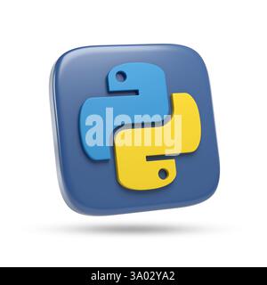 Buenos Aires, Argentine - 22 février 2025 : logo tridimensionnel du langage de programmation Python isolé sur fond blanc. illustration 3d. Banque D'Images