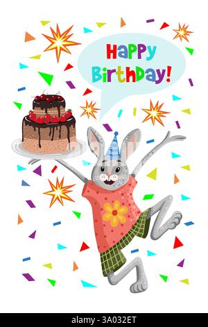 Lapin mignon avec des ballons et gâteau, carte d'anniversaire Illustration de Vecteur