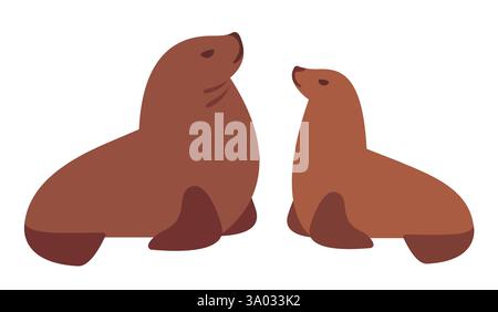 Lion de mer sud-américaine (patagonienne) mâle et femelle, ou Lobo Marino. Illustration de style vectoriel de dessin animé plat. Illustration de Vecteur