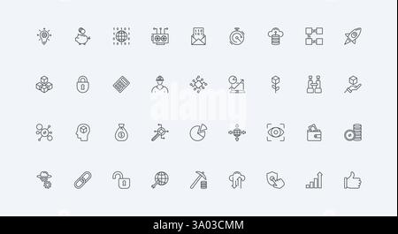 Protocole de service ouvert futuriste, P2P, illustration vectorielle de symboles de contour noir mince de paquet de données numériques. Defi, finance décentralisée, sécurité fintech et crypto-monnaie, jeu d'icônes de ligne de minage Illustration de Vecteur