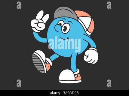personnage de mascotte de tête de boule de marche portant un chapeau avec des mains formant un symbole de paix dans des couleurs bleues Illustration de Vecteur
