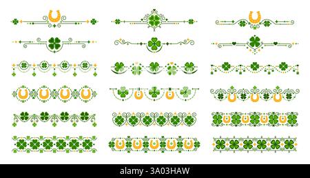 Séparateurs de trèfle vert et motifs de bordure. Ensemble vectoriel de garnitures de jour St Patrick avec des plantes de trèfle à quatre feuilles chanceuses et des fers à cheval pour Irish festiva Illustration de Vecteur