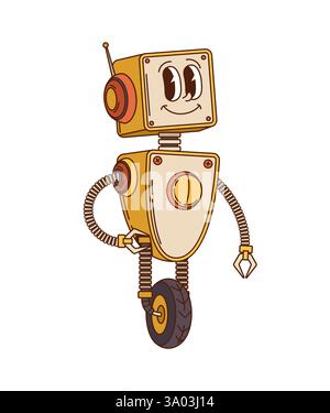 Le robot groovy et le personnage droïde présentent des bras mécaniques flexibles à corps arrondi, une antenne, de grands yeux et une roue. Dessin animé vecteur au cyborg avec h amical Illustration de Vecteur