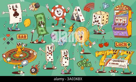 Rétro groovy casino jeux de dessins animés personnages de dés et de pièces d'or, vecteur comique compris Groovy casino roulette ou roue de fortune avec des jetons de poker Illustration de Vecteur