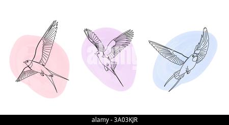 Une série d'hirondelles gracieuses en vol. Cette collection d'oiseaux printaniers met en valeur un style artistique linéaire Illustration de Vecteur