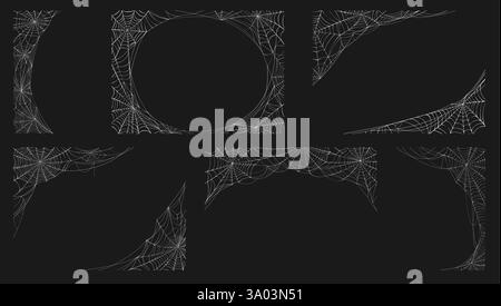 Décorations de cadre en toile d'araignée d'Halloween. Toile d'araignée effrayante des vacances d'Halloween, coin piège collant en toile d'araignée. Horreur suspendue toile d'araignée conception vectorielle isolée el Illustration de Vecteur