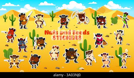 Cow-boy de noix de dessin animé, ranger, shérif et personnages de bandit, pack d'autocollants vectoriels. Autocollants Wild West de cow-boy occidental de cacahuète drôle, noix de coco et noix Illustration de Vecteur