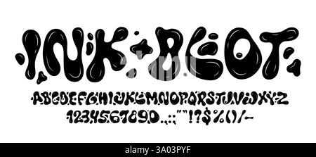 Police à bulles d'encre noire liquide, y2k type de lettres funky, police ondulée 3d, symboles de typographie vectorielle alphabétique anglais abstrait. Police bulle d'encre noire, wa Illustration de Vecteur