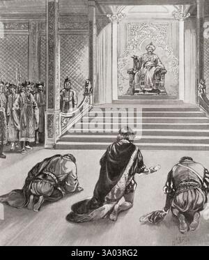 Kublai Khan reçoit Marco Polo à sa cour, Chine, vers 1274. Kublai Khan, c. 1215 – 1294), alias empereur Shizu de Yuan et Setsen Khan. Fondateur et premier empereur de la dynastie Yuan dirigée par les Mongols de Chine. Marco Polo, 1254 – 1324. Marchand voyageur vénitien. Banque D'Images