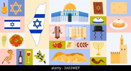 Voyage en Israël, conception de bannière infographique géométrique avec la culture juive et les symboles du judaïsme, des monuments et de la nourriture. Carte avec drapeau du pays, torah et menorah, illustration vectorielle de dessin animé hamsa Illustration de Vecteur