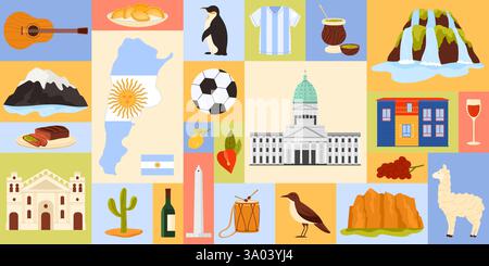 Illustration vectorielle montrant des symboles emblématiques de l'Argentine, y compris des monuments, des aliments et des éléments traditionnels. Reflète la richesse culturelle Argentine. Illustration de Vecteur