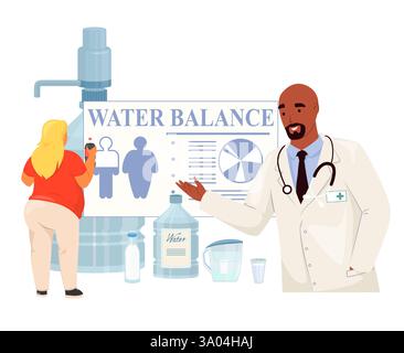 Un professionnel de la santé explique le concept d'équilibre hydrique à un patient à l'aide de graphiques et de modèles. La consultation a lieu dans un médical contemporain Illustration de Vecteur
