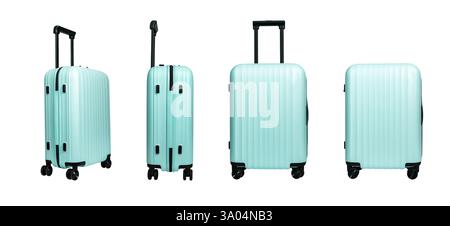 Collection valise avec sacs de voyage élégants avec roues et poignées dans différents angles. Conception moderne de bagages pour le tourisme, vol, vacances, an Banque D'Images