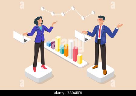 Les collègues collaborent, analysent les données à l'aide d'ordinateurs portables et de graphiques colorés, surveillent l'avancement et la croissance du projet Banque D'Images