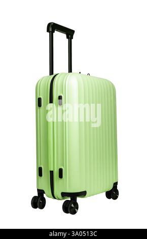 Valise verte avec roulettes et poignée dans une perspective inclinée. Bagages élégants pour les voyages, les vacances, le tourisme et le voyage. Concept écologique, touri Banque D'Images