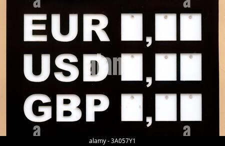 Simple signe de change de devises avec des champs vides pour les taux EUR, USD, GBP, signalisation financière noir et blanc, concept de panneau d'affichage Forex, convers d'argent Banque D'Images