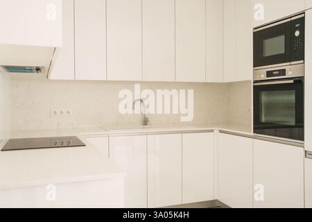 Design de cuisine élégant avec appareils intégrés et armoires minimalistes. Banque D'Images