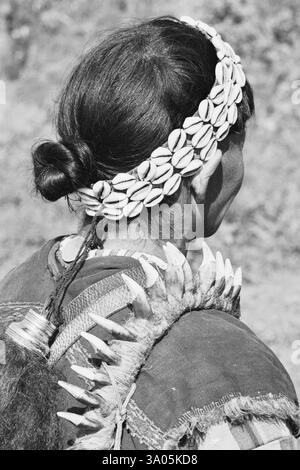 Coquilles de conque et dents d'animaux utilisées comme ornements, tribu Hill Miri, Arunachal Pradesh, Inde 1982 Banque D'Images