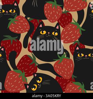 joli motif sans couture avec fraise rouge et chats de caractère noir. Illustration de Vecteur