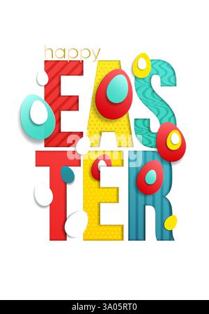 Joyeuses Pâques lettrage coloré dans un style coupé en papier tendance. Illustration vectorielle EPS10. Illustration de Vecteur