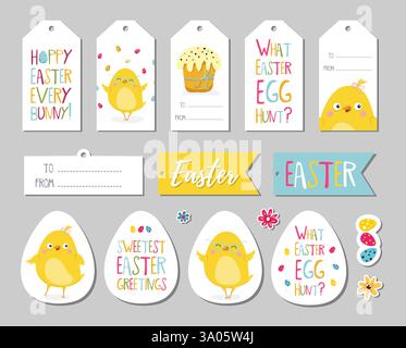 Ensemble d'étiquettes cadeaux de Pâques, éléments de scrapbooking, étiquettes, badges avec poulet mignon et lettrage . Autocollants de voeux de Pâques avec lapin, fleurs, œufs. V Illustration de Vecteur