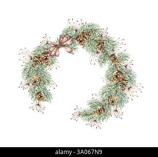 Branches de sapin, avec un arc brun, des pommes de pin et de l'herbe. Illustration aquarelle de couronne de Noël et du nouvel an. Cadre rond, frontière avec les plantes d'hiver est Banque D'Images