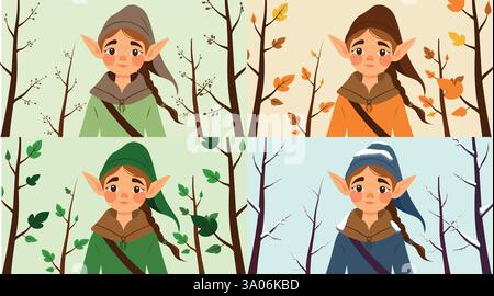 Illustration elfe dans la forêt quatre saisons Illustration de Vecteur