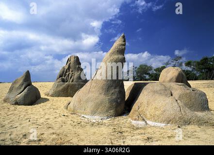 Sculpture rocheuse mise au jour par tsunami, Mahabalipuram Mamallapuram, Tamil Nadu, Inde, Asie Banque D'Images
