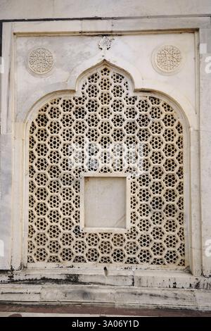 Travail de pierre de marbre blanc dans le Taj Mahal, Agra, Uttar Pradesh, Inde, Asie Banque D'Images