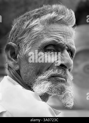 Longue moustache de vieil homme d'humeur sérieuse, Jodhpur, Rajasthan, Inde MR#746B Banque D'Images