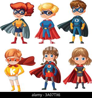 Six enfants habillés en super-héros avec des capes Illustration de Vecteur