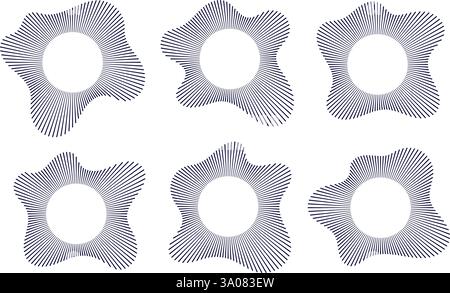 Onde sonore, icônes d'égaliseur circulaire, forme d'onde sonore de musique ronde, rafale d'énergie concentrique. Illustration de Vecteur
