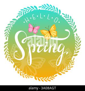 Un motif coloré sur le thème du printemps avec une couronne de feuilles, deux papillons et le mot printemps. Parfait pour les cartes de vœux, les publications sur les réseaux sociaux, ou Illustration de Vecteur