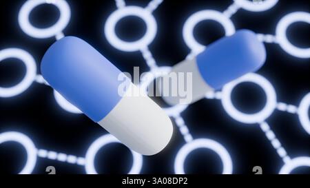 Une composition abstraite rendue en 3D mettant en vedette plusieurs pilules en forme de capsule bleue et blanche sur un fond sombre, interconnectées par un cercle lumineux Banque D'Images