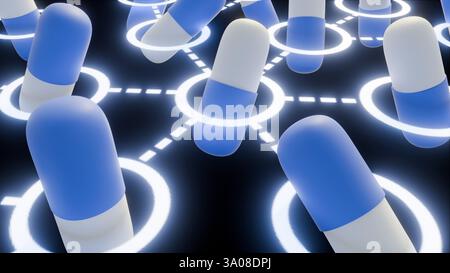 Une composition abstraite rendue en 3D mettant en vedette plusieurs pilules en forme de capsule bleue et blanche sur un fond sombre, interconnectées par un cercle lumineux Banque D'Images