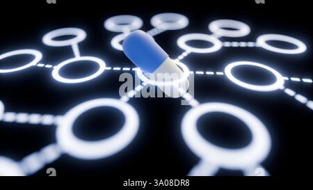 Une composition abstraite rendue en 3D mettant en vedette plusieurs pilules en forme de capsule bleue et blanche sur un fond sombre, interconnectées par un cercle lumineux Banque D'Images