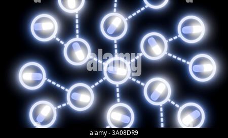 Une composition abstraite rendue en 3D mettant en vedette plusieurs pilules en forme de capsule bleue et blanche sur un fond sombre, interconnectées par un cercle lumineux Banque D'Images
