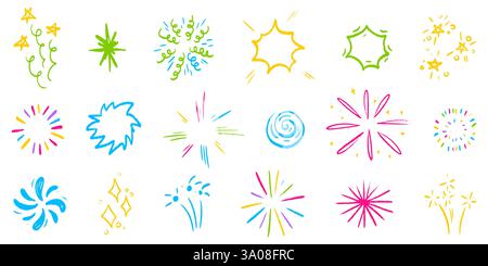 Ensemble de feux d'artifice de crayon et gribouillage d'éléments festifs - griffonner des éclats lumineux, des étoiles scintillantes, des tourbillons et des éclairs brillants. Dessins de célébration dessinés à la main pour cartes de voeux, fond de fête et d'événement. Illustration de Vecteur