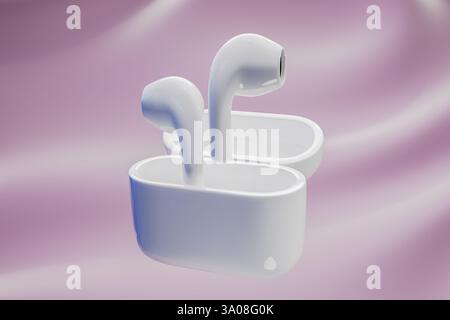 Réaliste illustration 3d écouteurs sans fil surface brillante blanche isolée lisse forme compacte boîte de chargement futuriste fond minimal tec numérique Banque D'Images