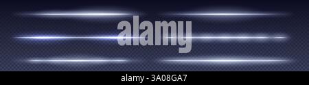 Faisceau laser au néon blanc réglé sur fond bleu foncé transparent. Lignes lumineuses horizontales avec différents niveaux de luminosité pour des effets de design tech. Rayons lumineux numériques avec variations d'intensité lumineuse. Illustration de Vecteur