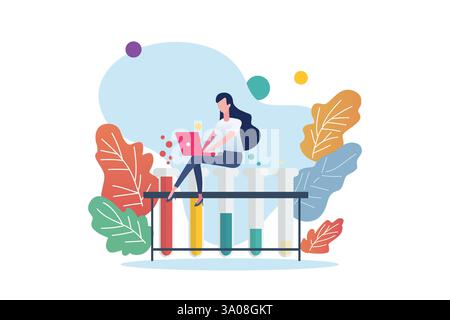 Femme assise sur le tube du flacon. Scène de chimie avec des gens miniatures. Illustration vectorielle d'éducation. Illustration de Vecteur