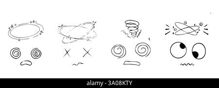 Effet vertigineux, maux de tête, dessin malade doodle ensemble comique. visages vertigineux, étoiles au-dessus des émotions animées, collection de lignes dessinées à la main folle. Illustration vectorielle Illustration de Vecteur