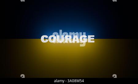 Le mot texte 3D courage sur le fond du drapeau de l'Ukraine brille dans l'obscurité Banque D'Images