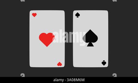Modèle 3D de deux cartes à jouer coeurs et pique sur un fond gris, jeu Banque D'Images