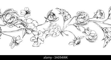 Framboise cloudberry avec des fleurs blanches, feuilles d'automne dessinées à la main encre vectorielle, ligne mûre baie de forêt sur les tiges. Illustration de guirlande de bannière sans couture Illustration de Vecteur